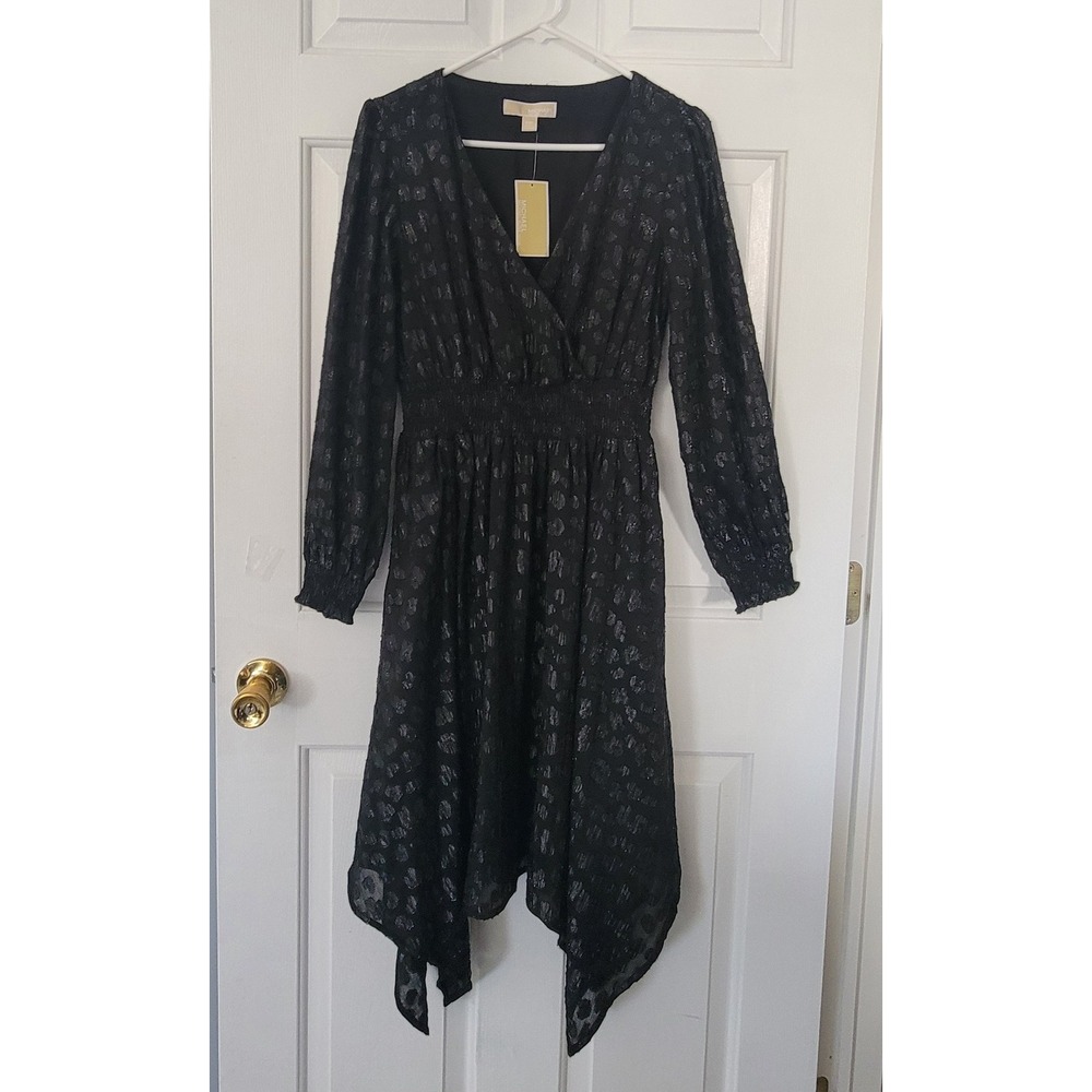 Michael Kors Petite Medium Black Sheer Leopard Burnout Midi Dress Dark Academia